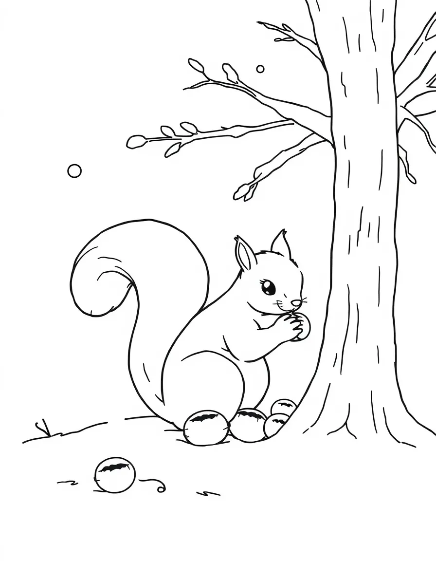 A squirrel burying nuts in a snowy tree.