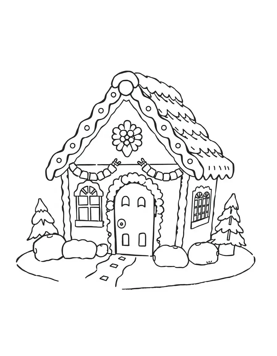 A gingerbread house decorated for winter.
