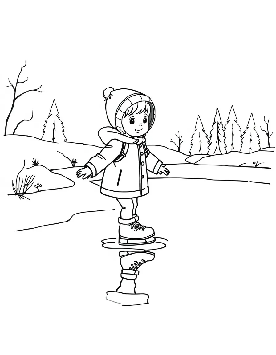 A child ice skating on a frozen pond.