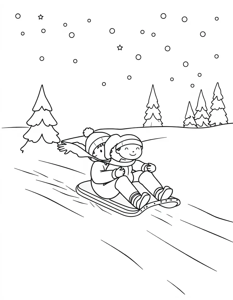 A family sledding down a snowy hill.