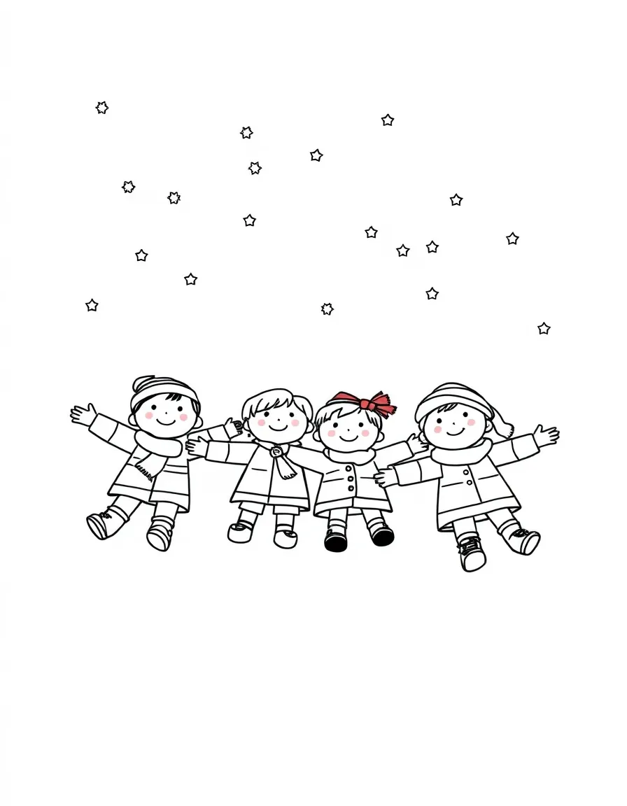 A group of children making snow angels.