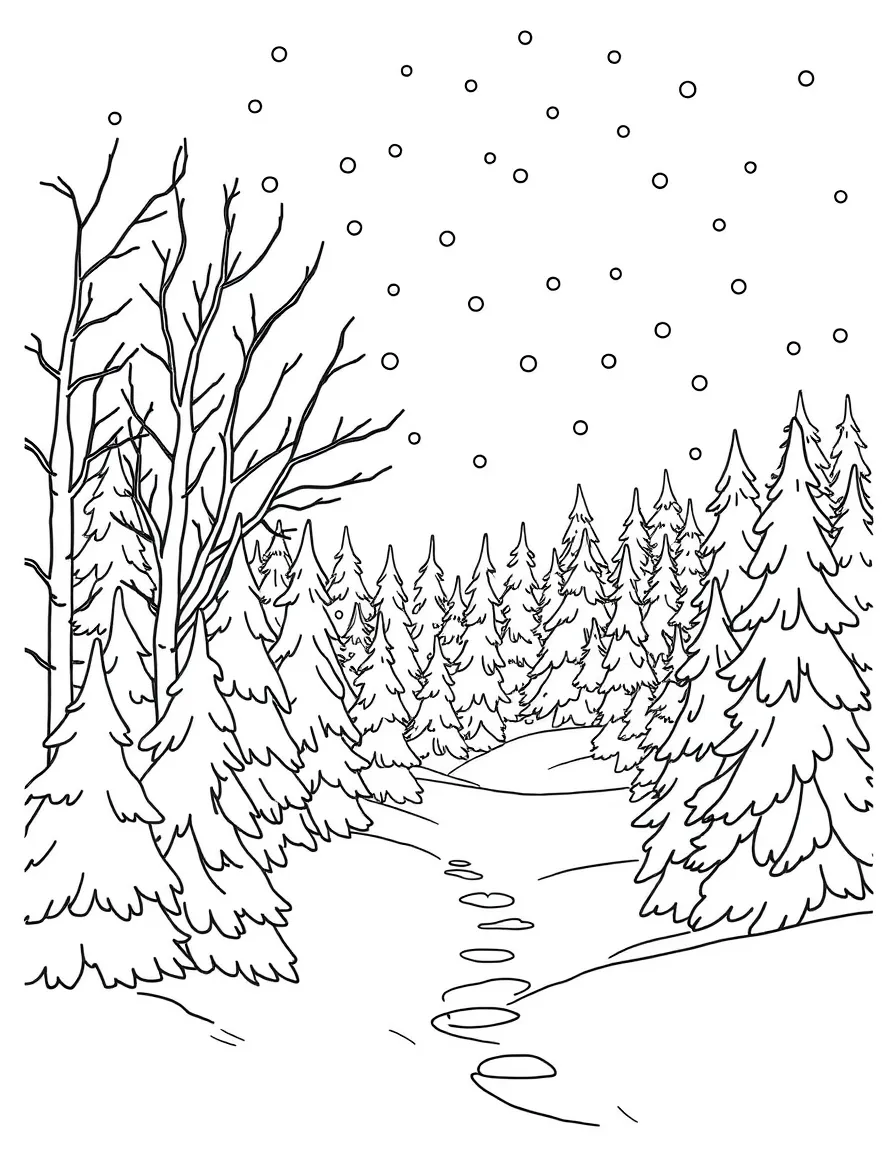 A winter wonderland scene with lots of trees.