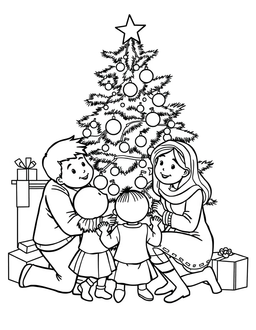 A family gathered around a Christmas tree.