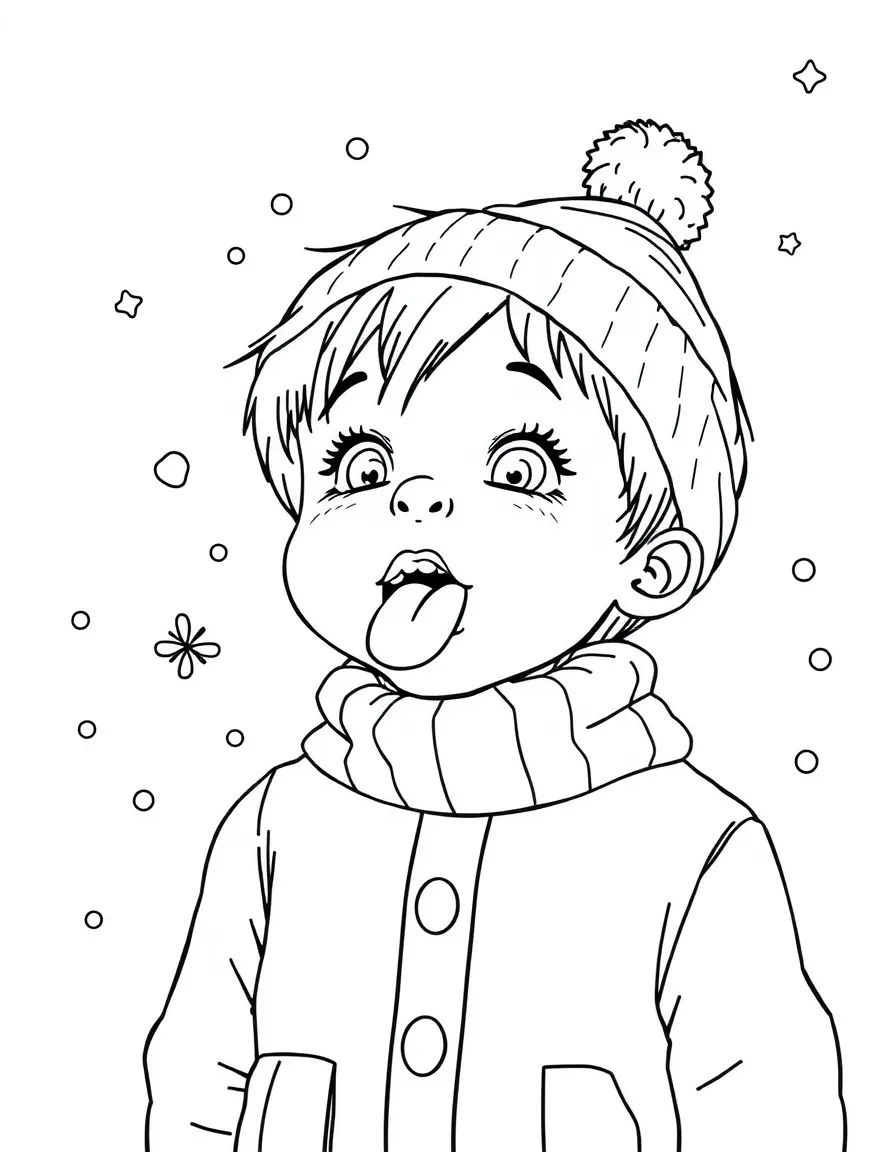 A child catching snowflakes on their tongue.