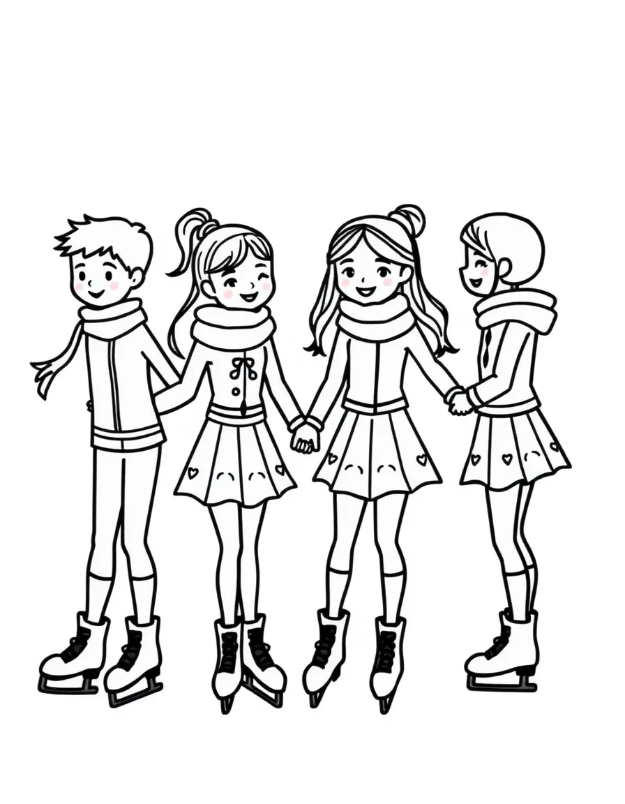 A group of ice skaters holding hands.