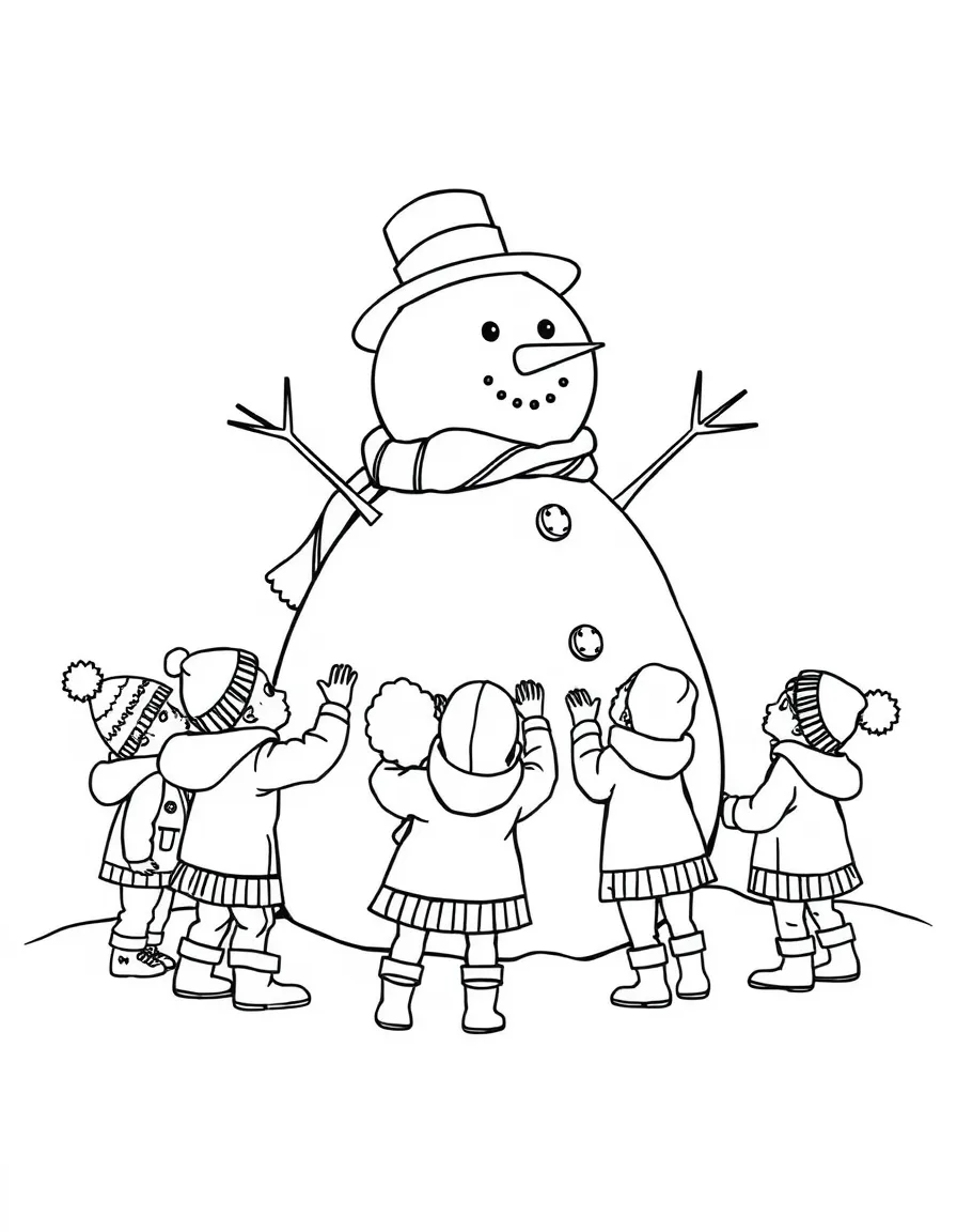 A group of children building a giant snowman.