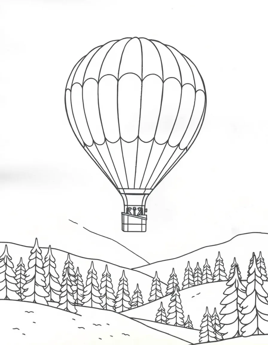 A hot air balloon flying over a snowy landscape.