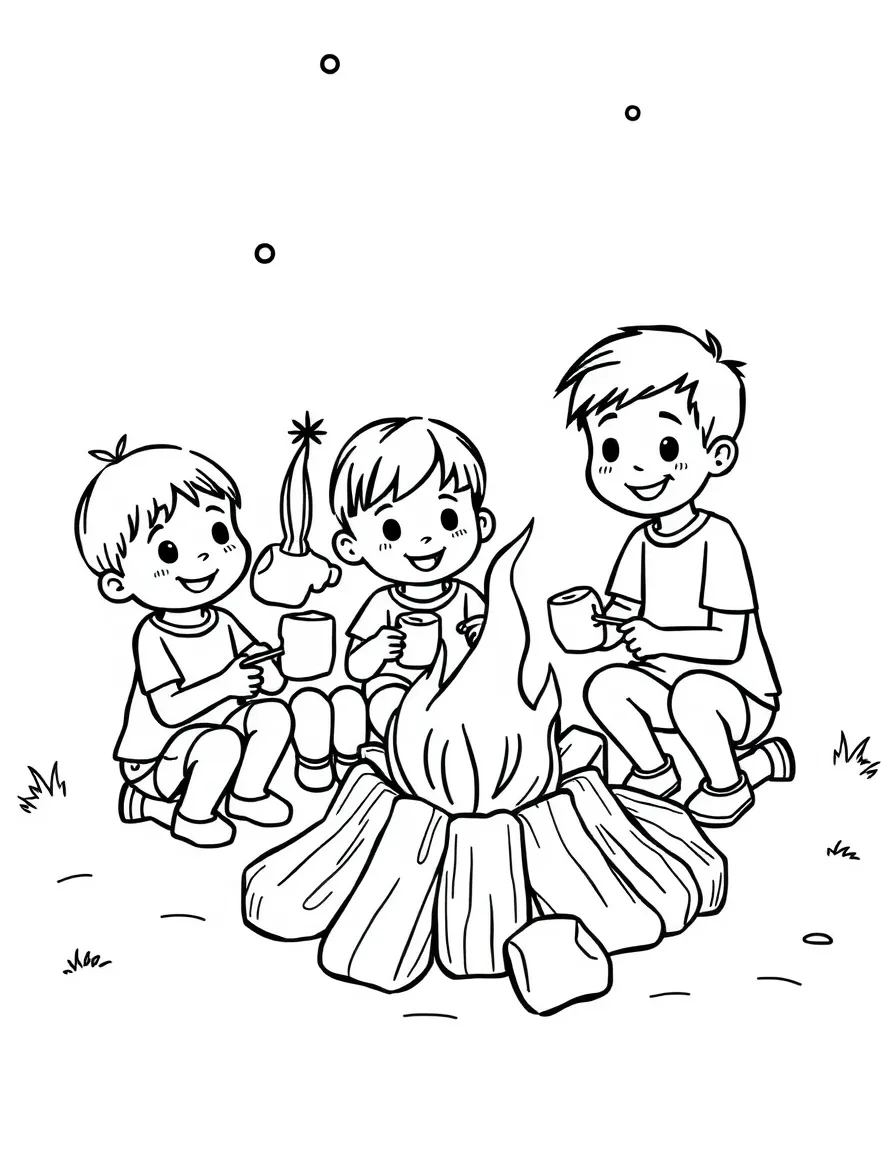 A group of children roasting marshmallows over a fire.
