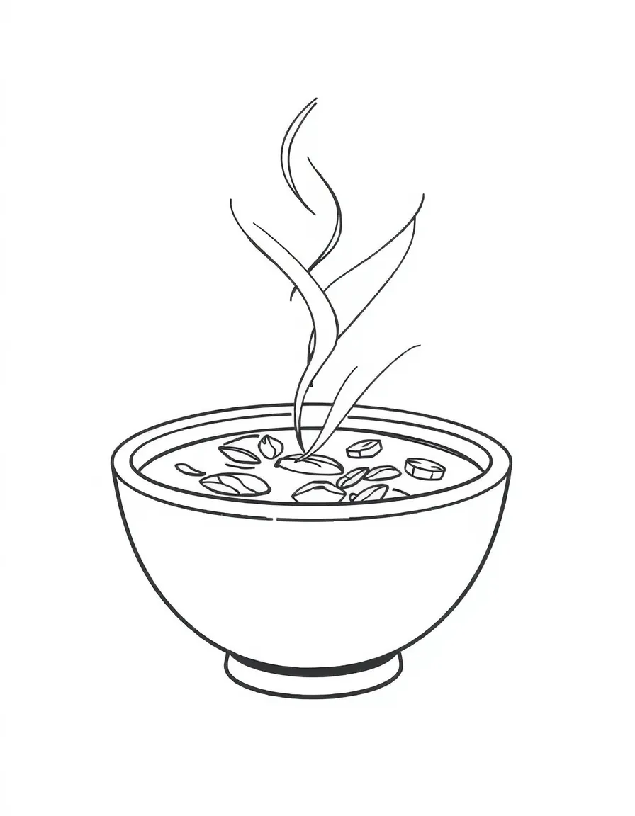 A steaming bowl of soup.