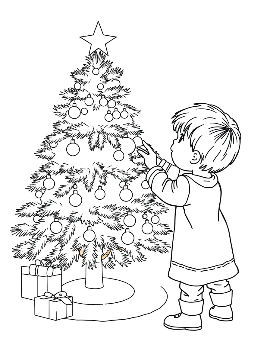 A child decorating a Christmas tree.