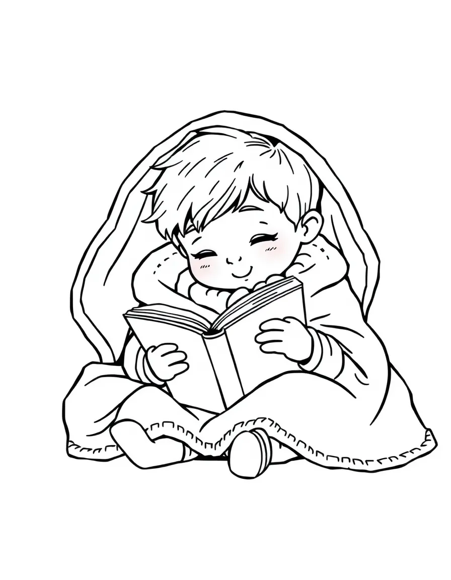 A child reading a book under a warm blanket.