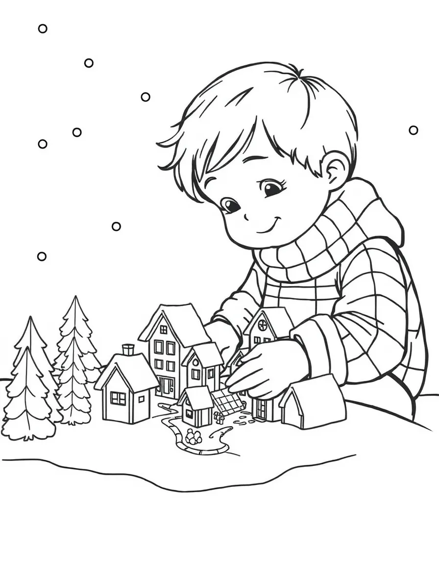 A child building a miniature snow village.