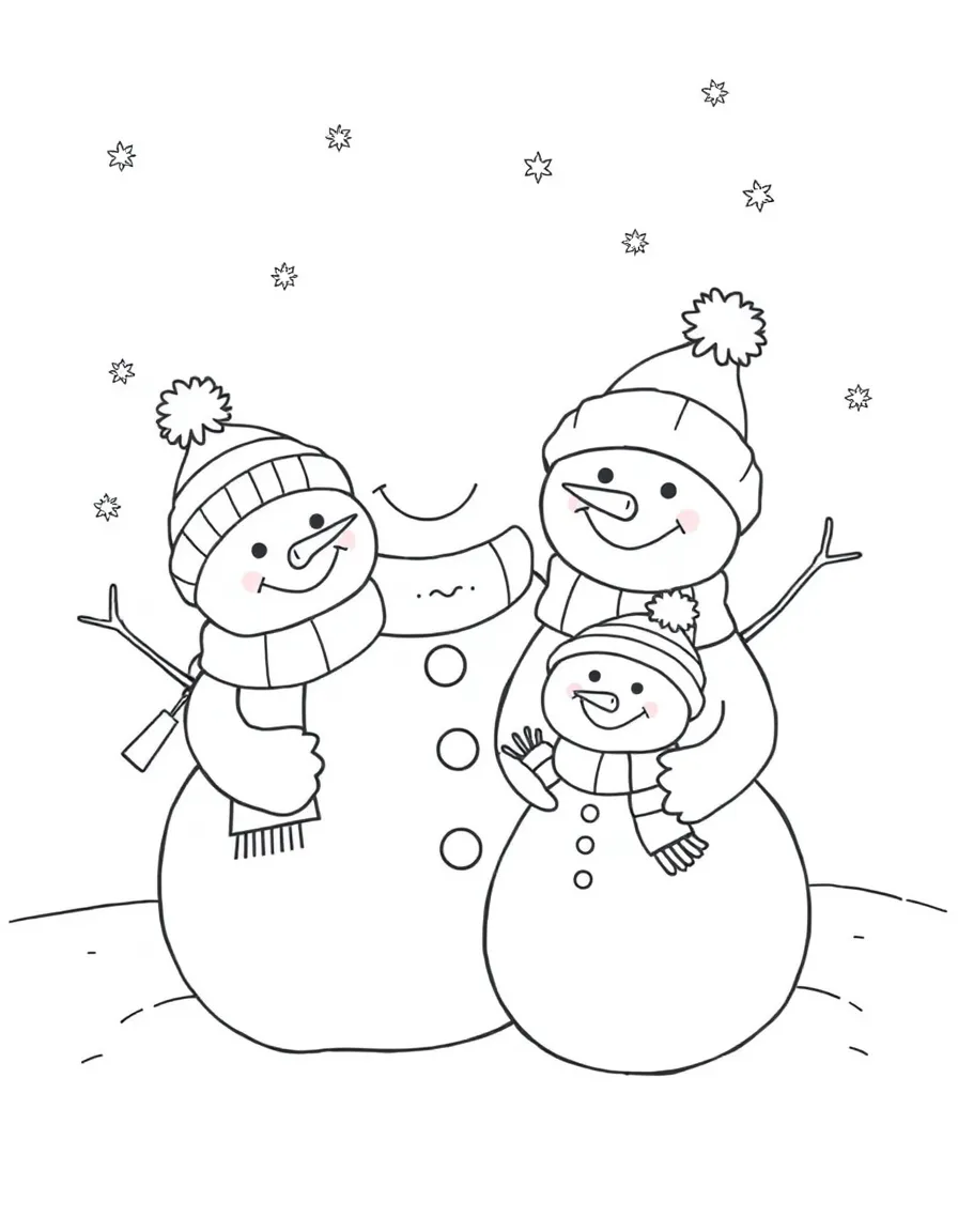 A cheerful snowman family.