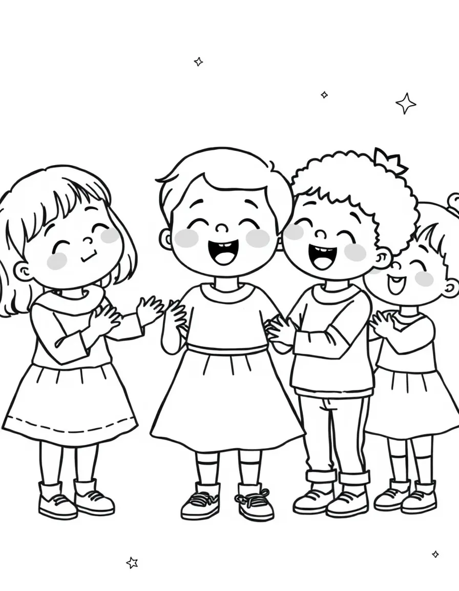 A group of children holding hands and singing.