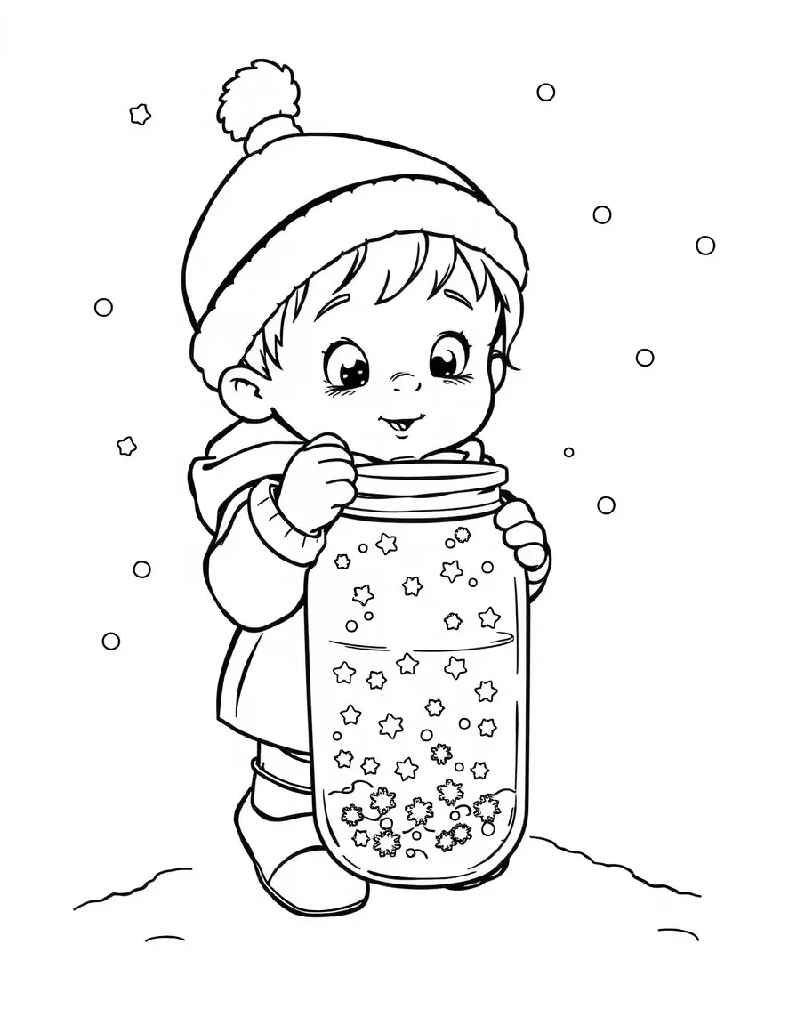 A child trying to catch snowflakes in a jar.