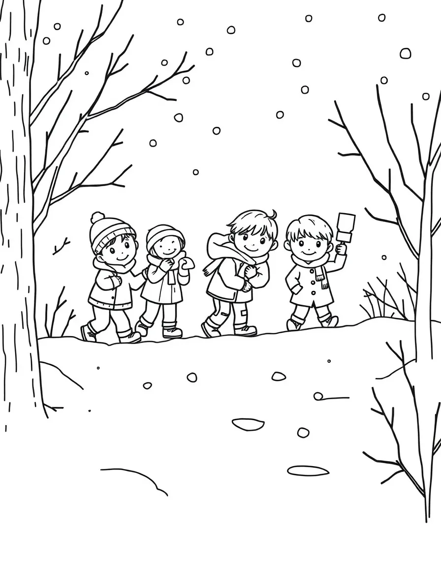 A group of children playing hide-and-seek in the snow.