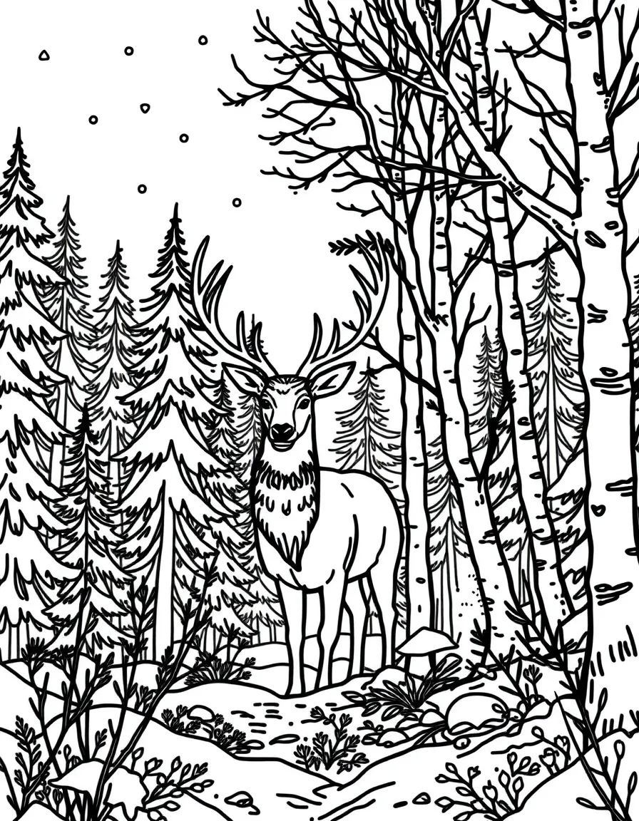 A winter forest with deer.