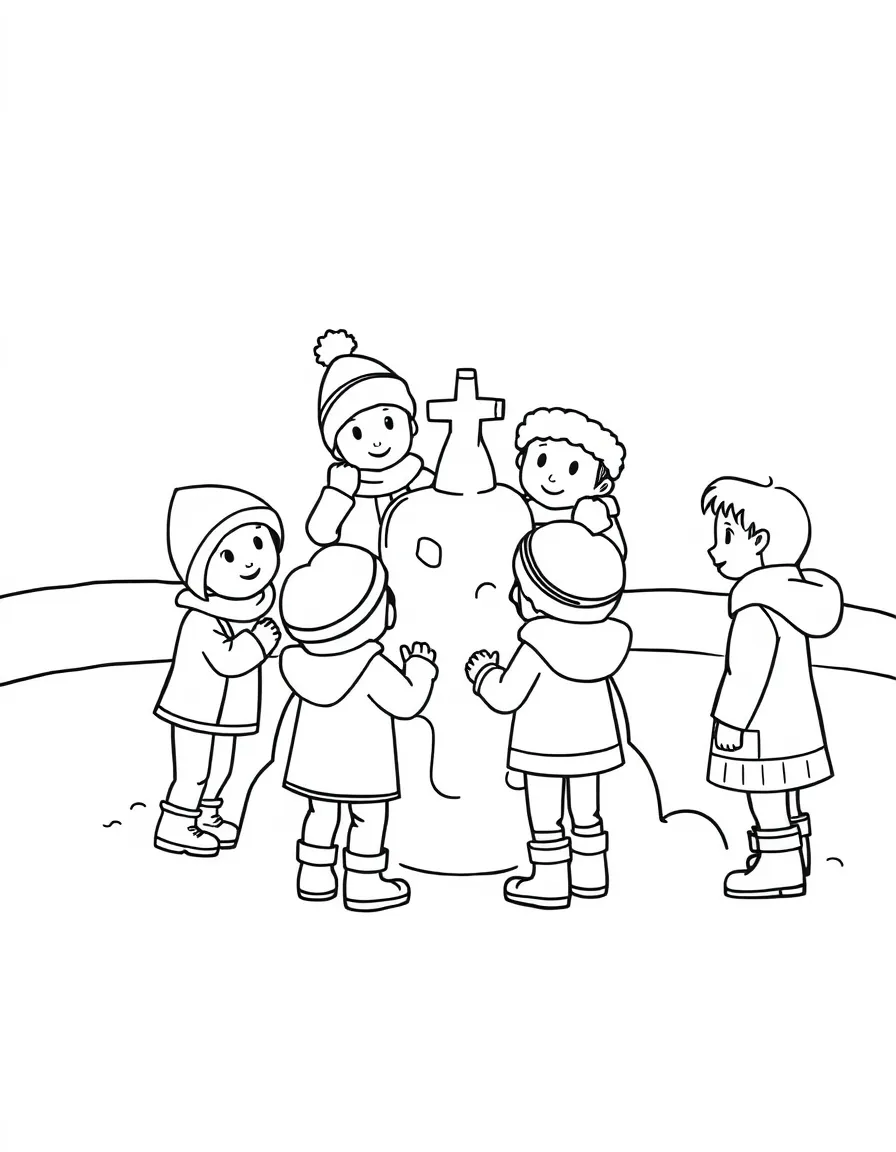 A group of children making snow sculptures.