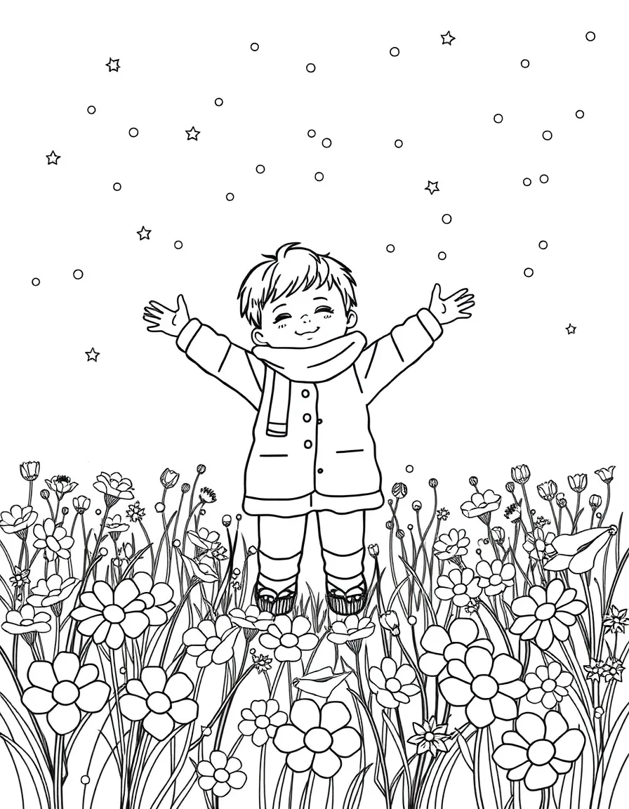 A child making snow angels in a field of flowers.