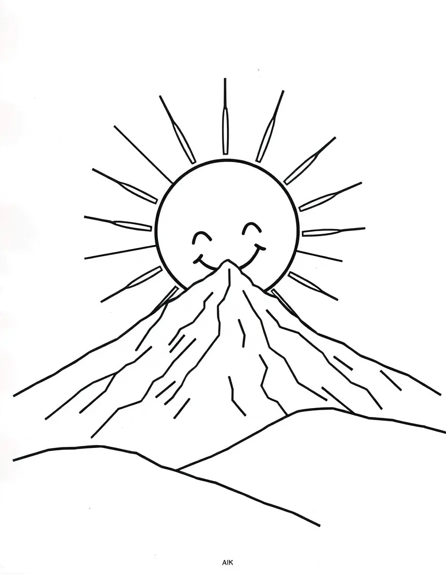 A smiling sun rising over a snowy mountain.