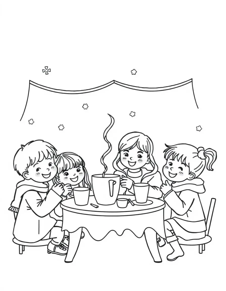 A group of children having a hot chocolate party.