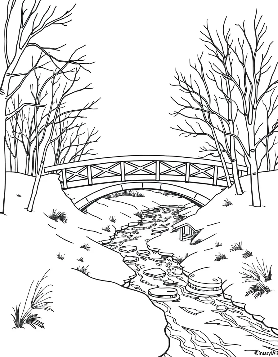 A winter bridge over a frozen stream.