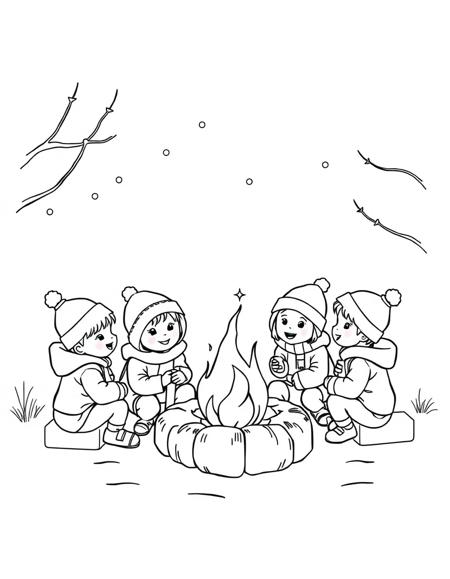 A group of children having a winter campfire.