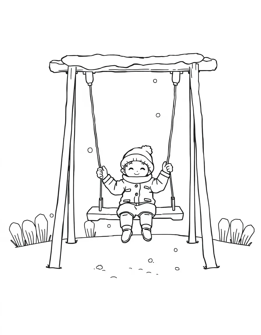 A child swinging on a swing set covered in snow.