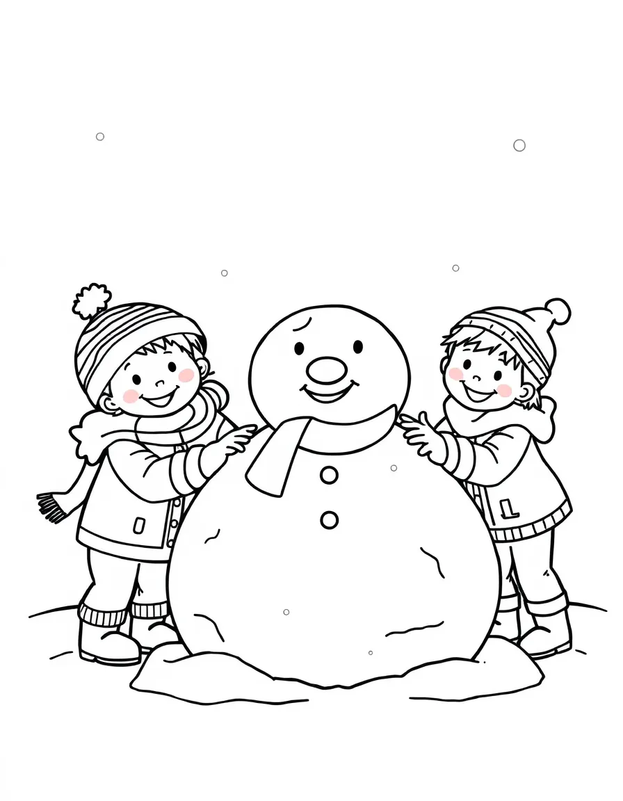 A group of happy children building a snow animal.