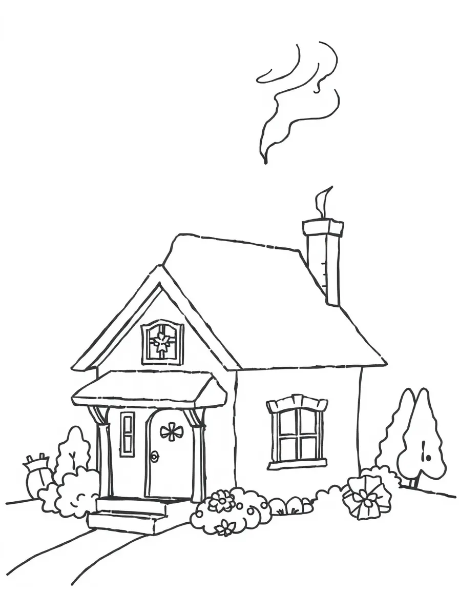 A cozy house with smoke coming from the chimney.