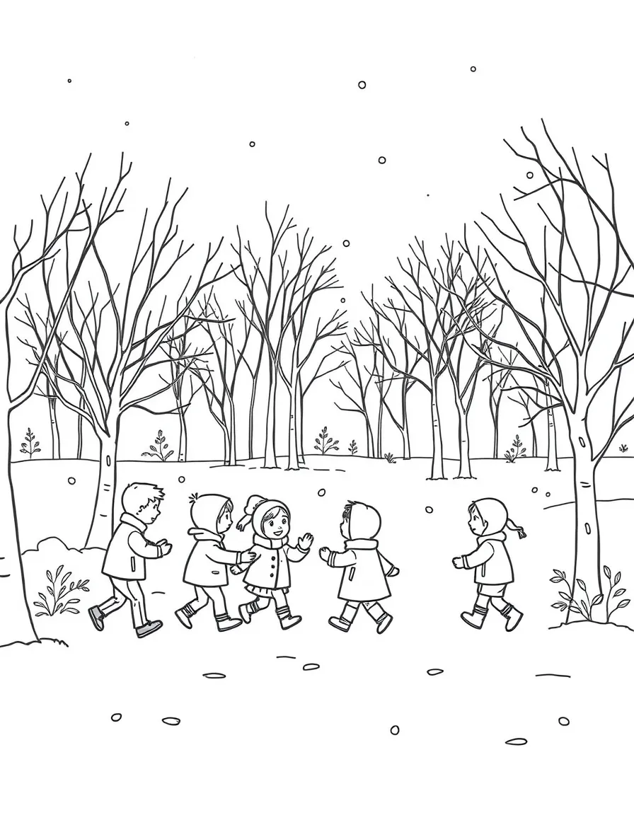 A group of children playing in a snowy park.