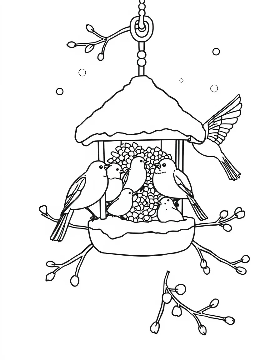 A winter bird feeder with lots of birds.
