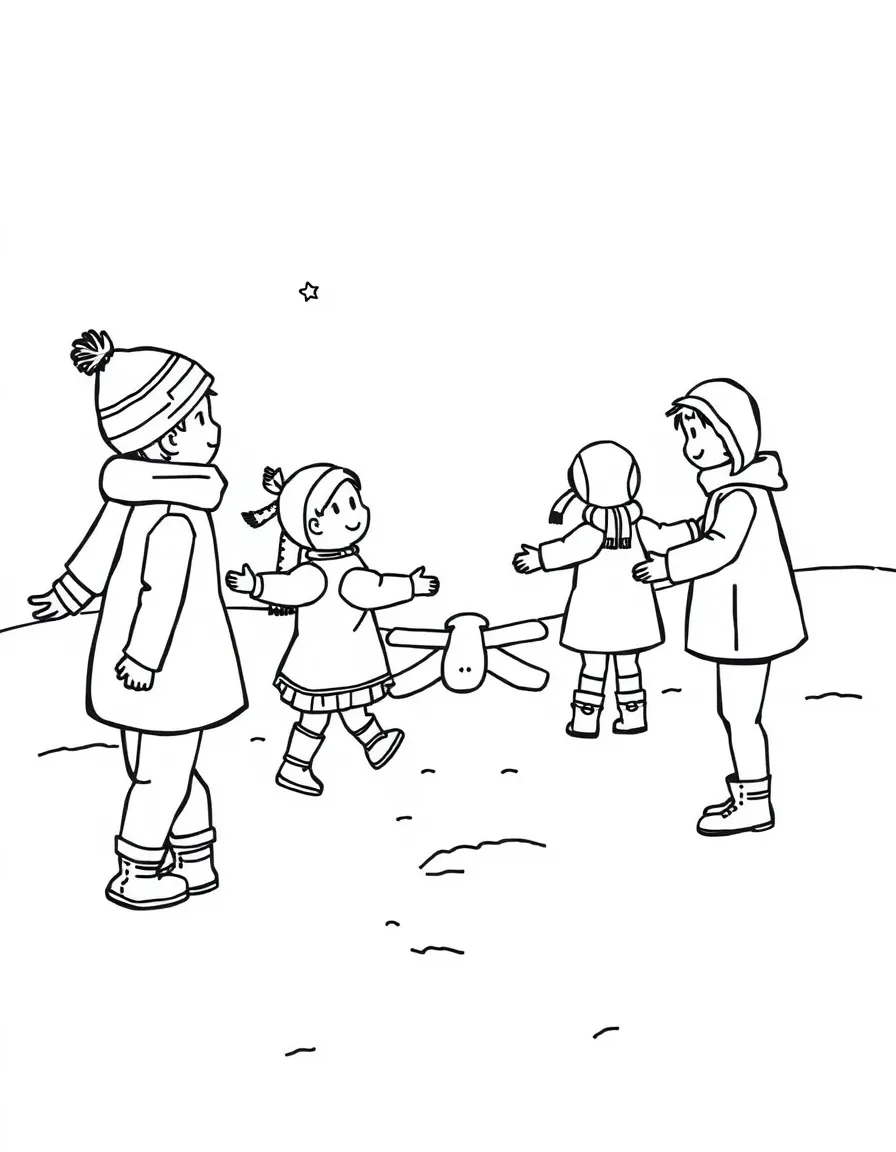 A group of children making a long train of snow angels.