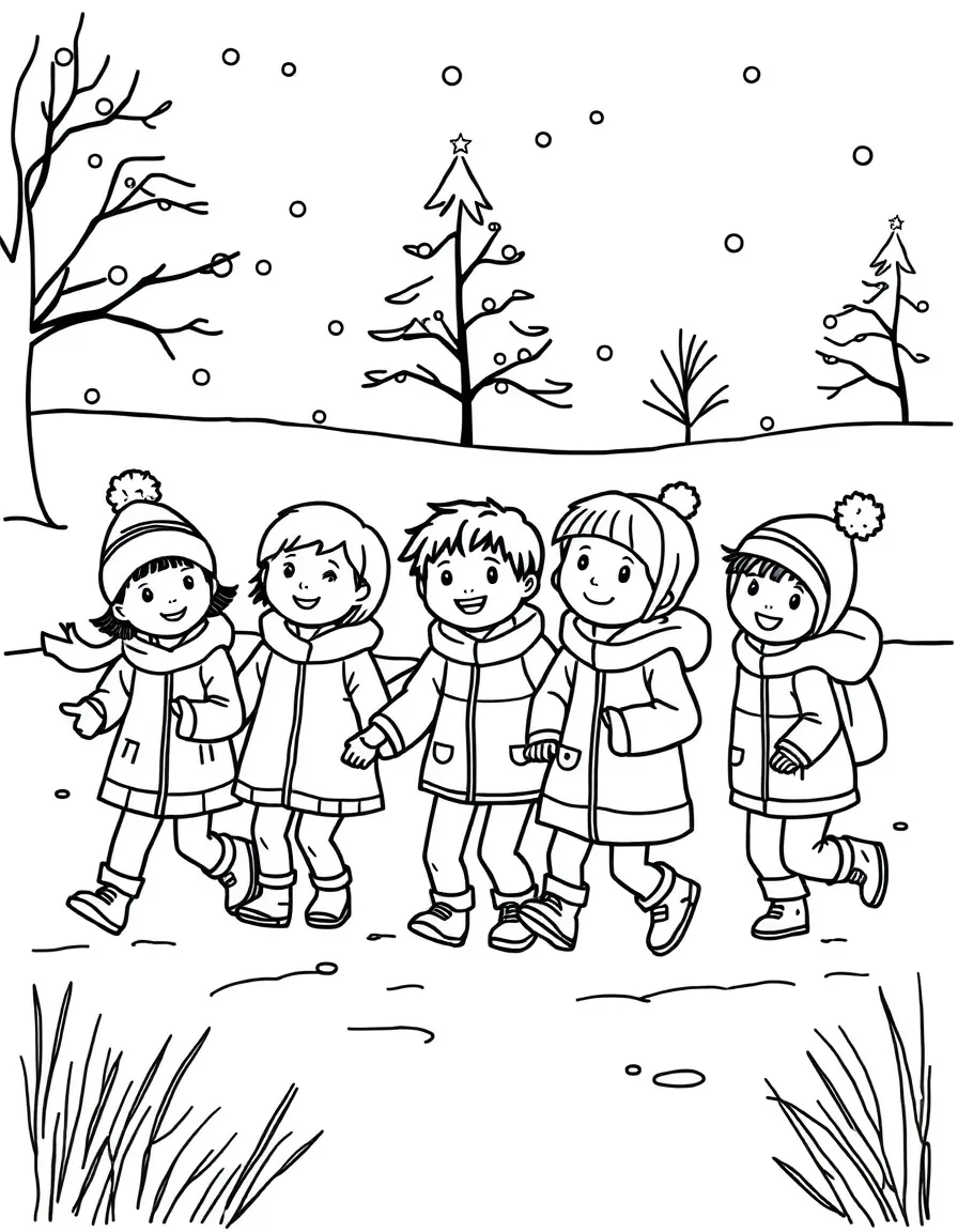A group of children playing "follow the leader" in the snow.