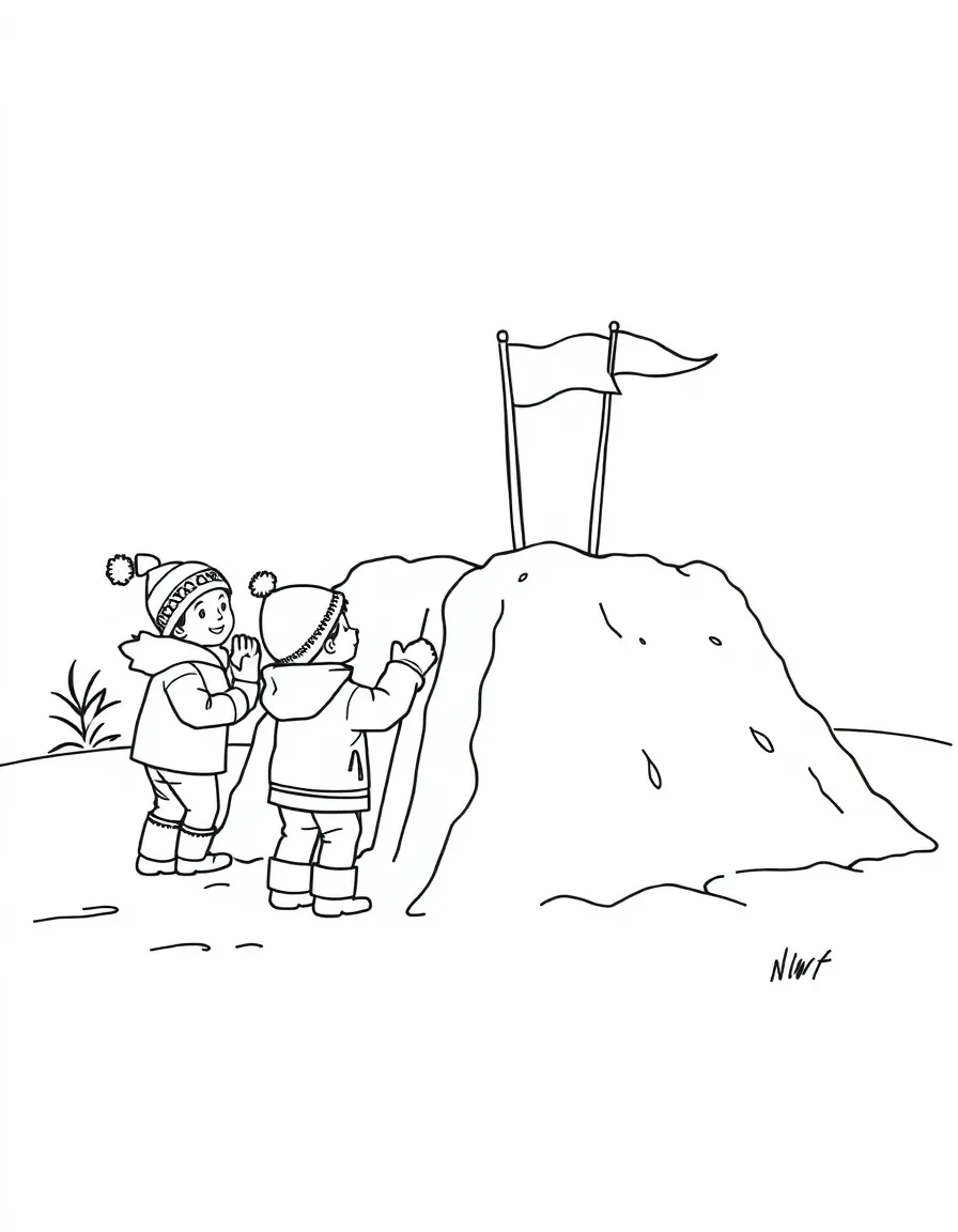 A group of children building a snow fort with flags.