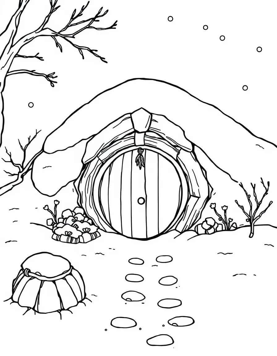 A cozy little hobbit hole in the snow.