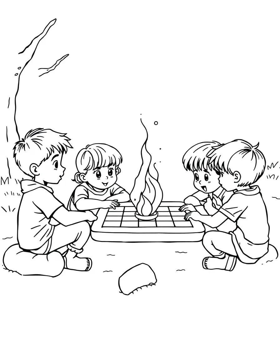 A group of children playing a board game by the fire.