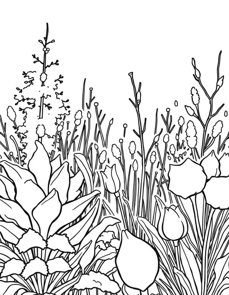 A winter garden with frosted plants.