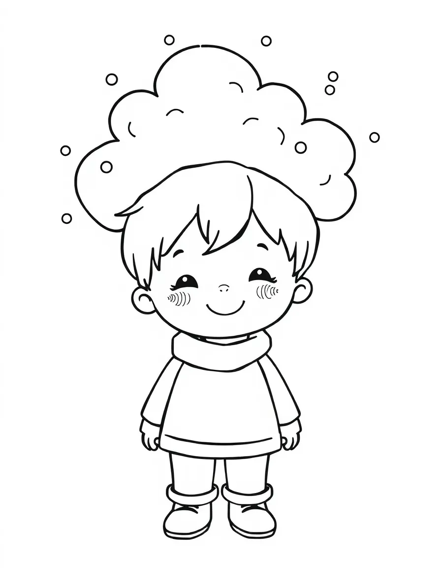 A child with a playful snow cloud above their head.