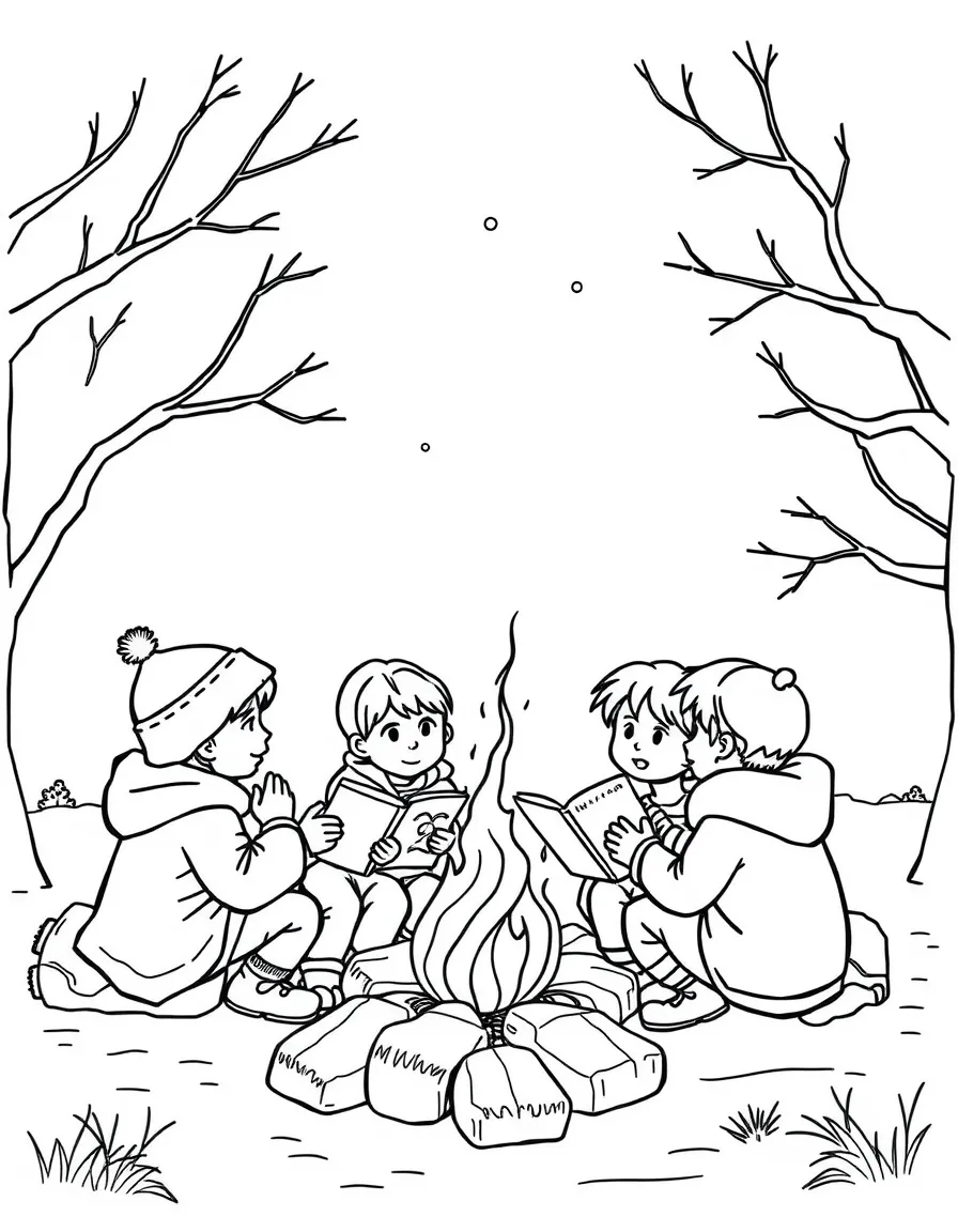 A group of children telling stories around a winter fire.