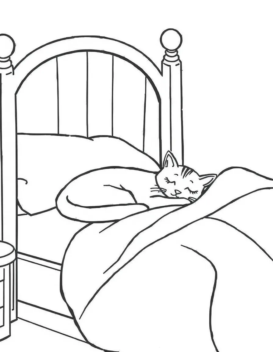 A cozy bed with a warm cat sleeping on it.