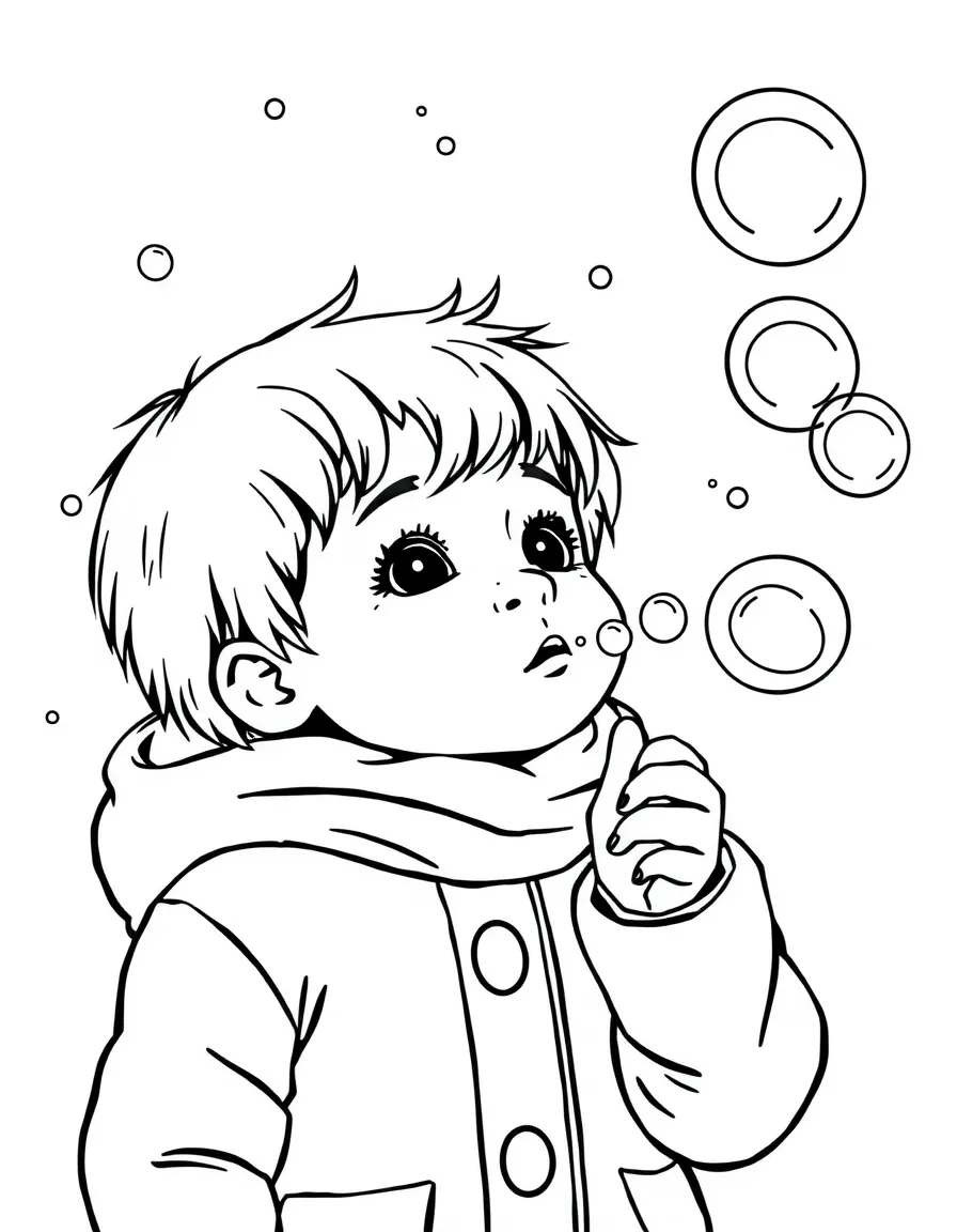 A child blowing bubbles in the cold air.