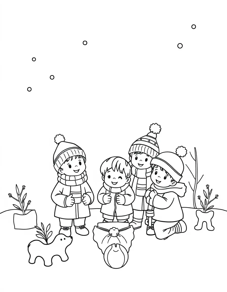 A group of children playing with winter toys.