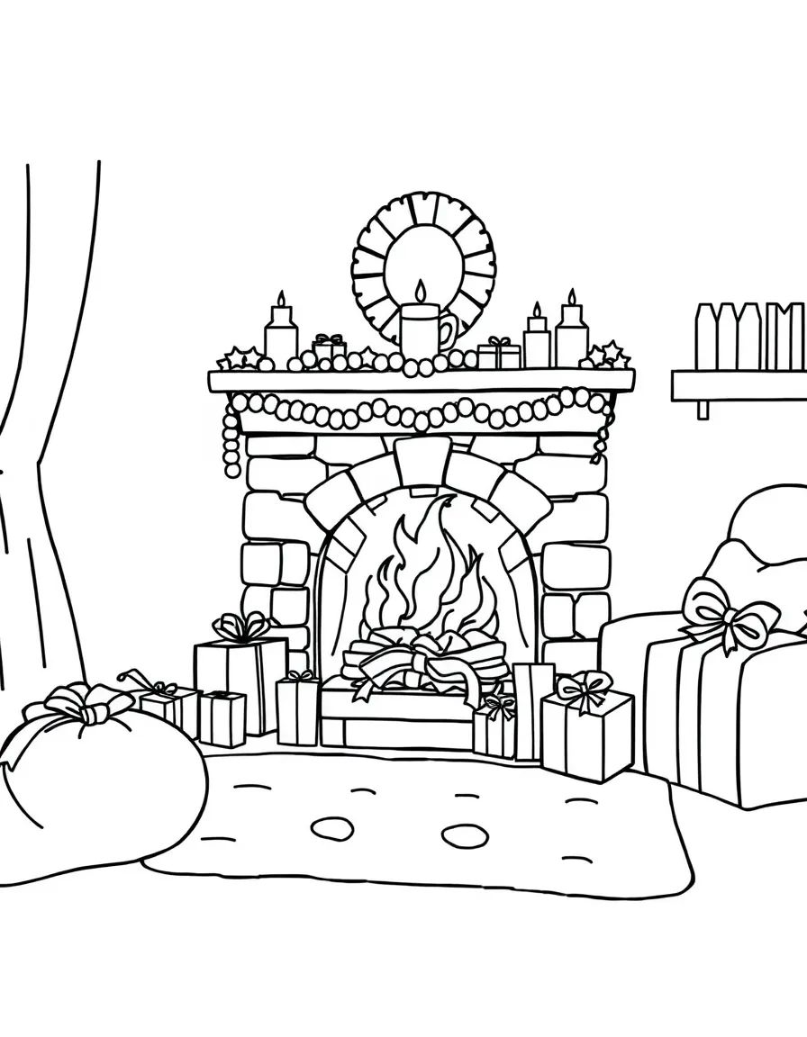 A cozy room with a warm fireplace and presents.