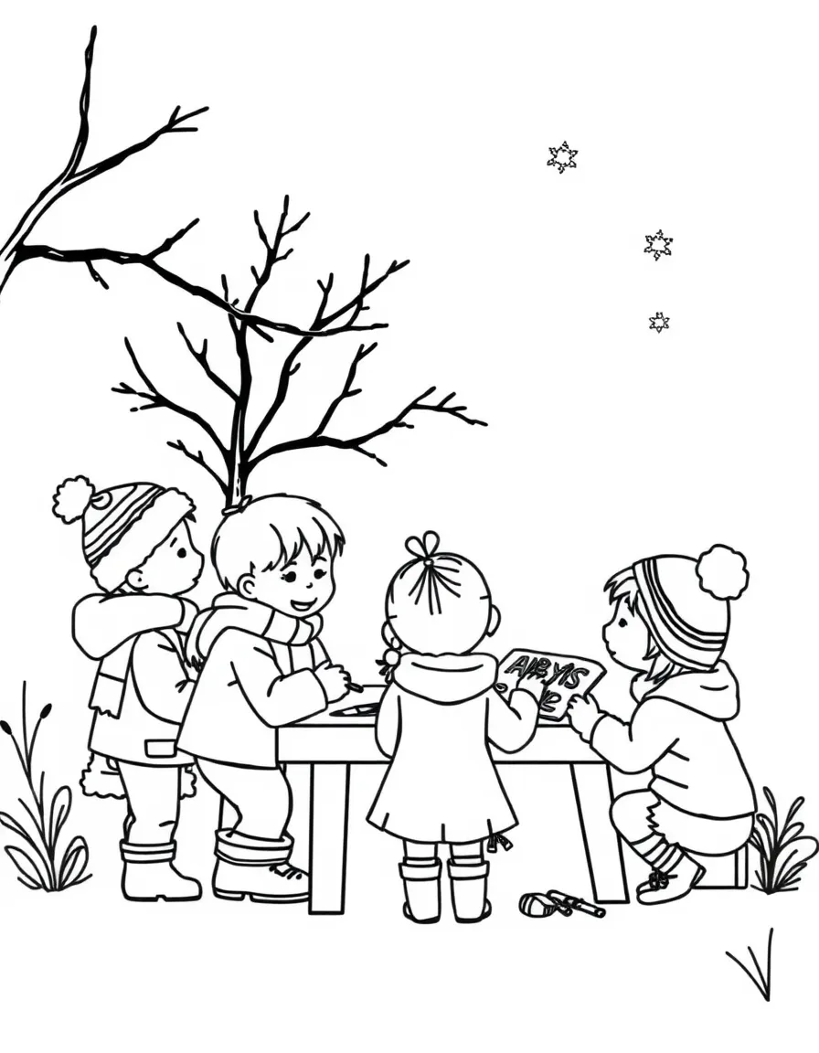 A group of children having a winter art project.