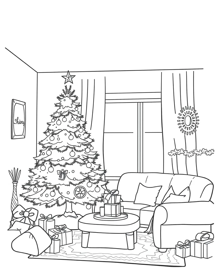 A cozy living room with a decorated Christmas tree.