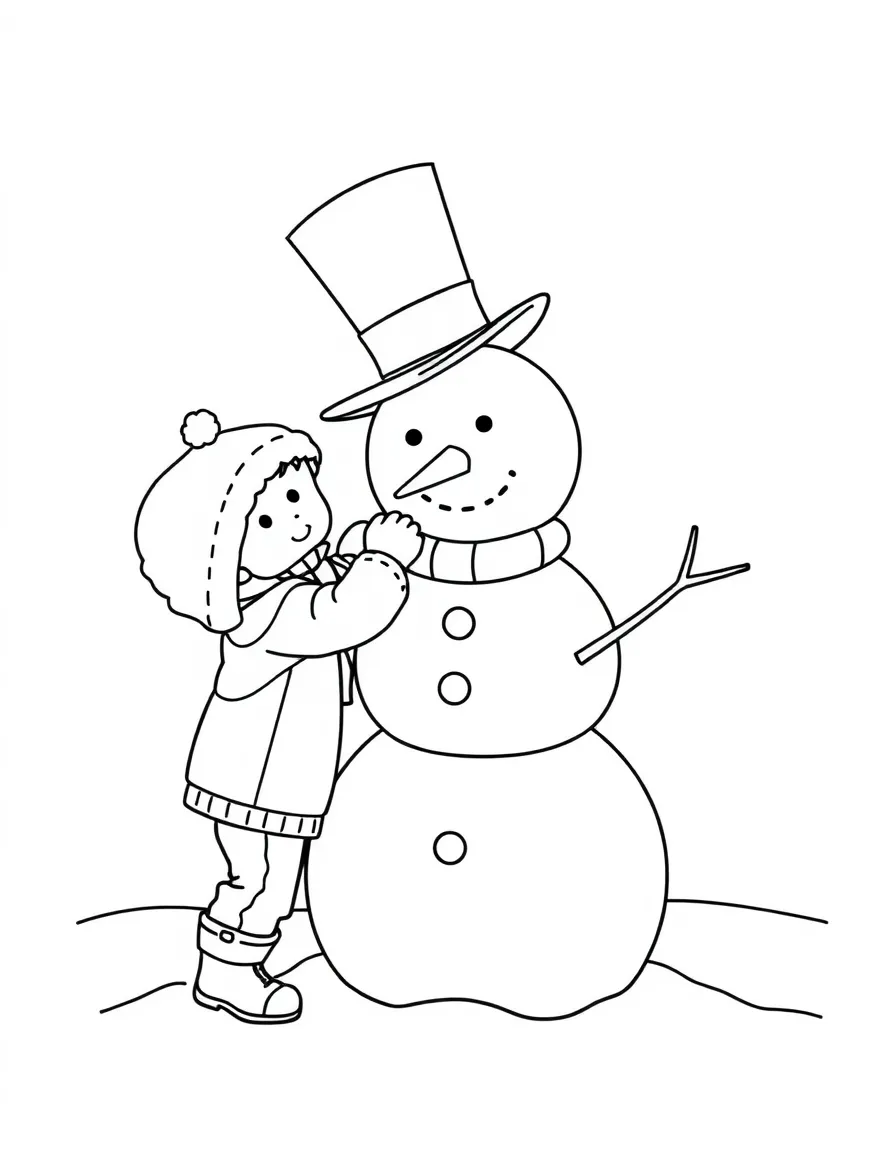 A child building a snowman with a top hat.