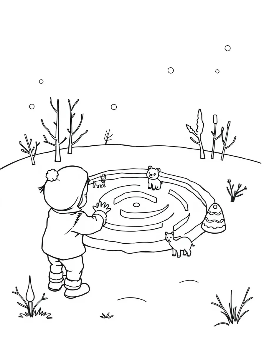 A child making a snow maze for small animals.