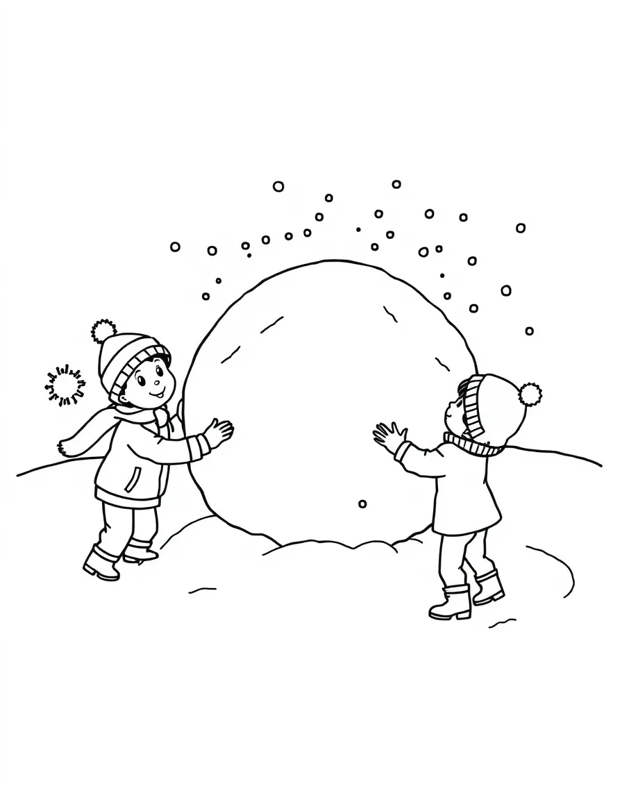 A group of children making a giant snowball.