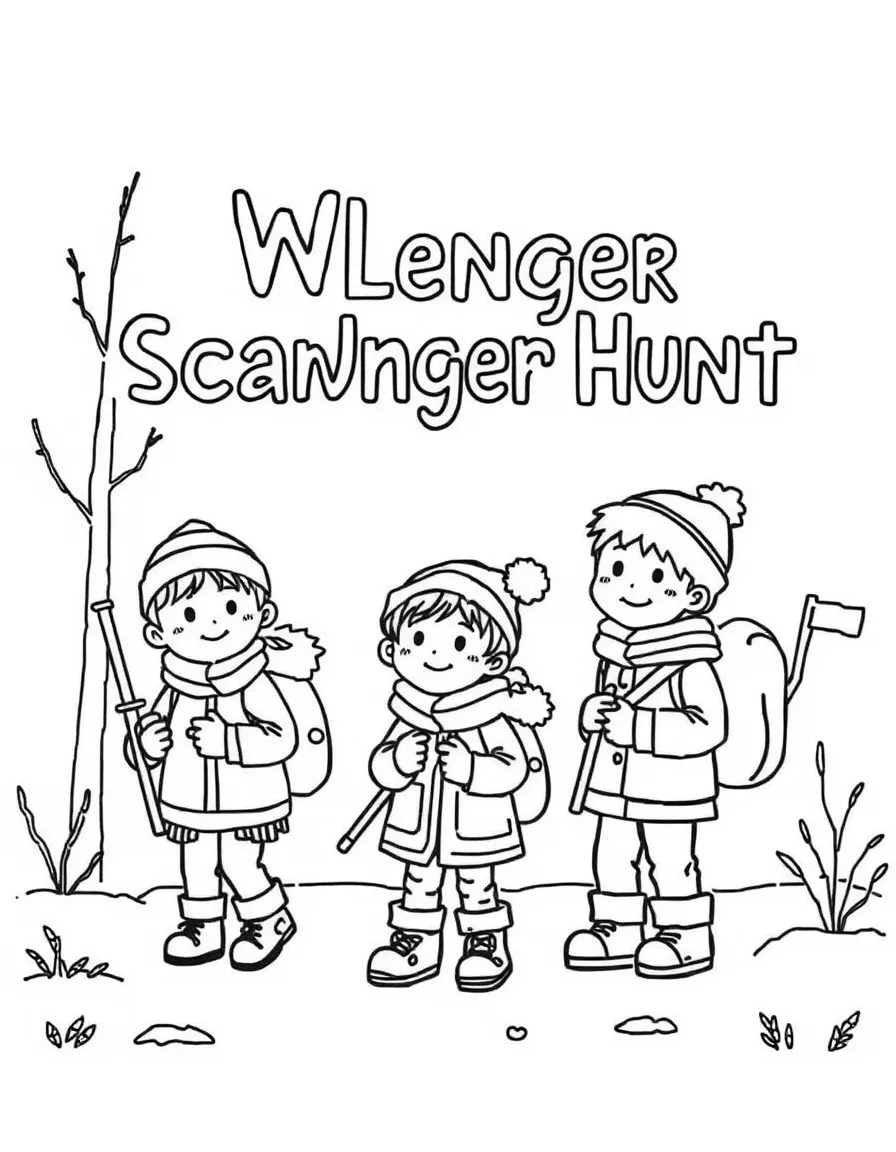 A group of children having a winter scavenger hunt.